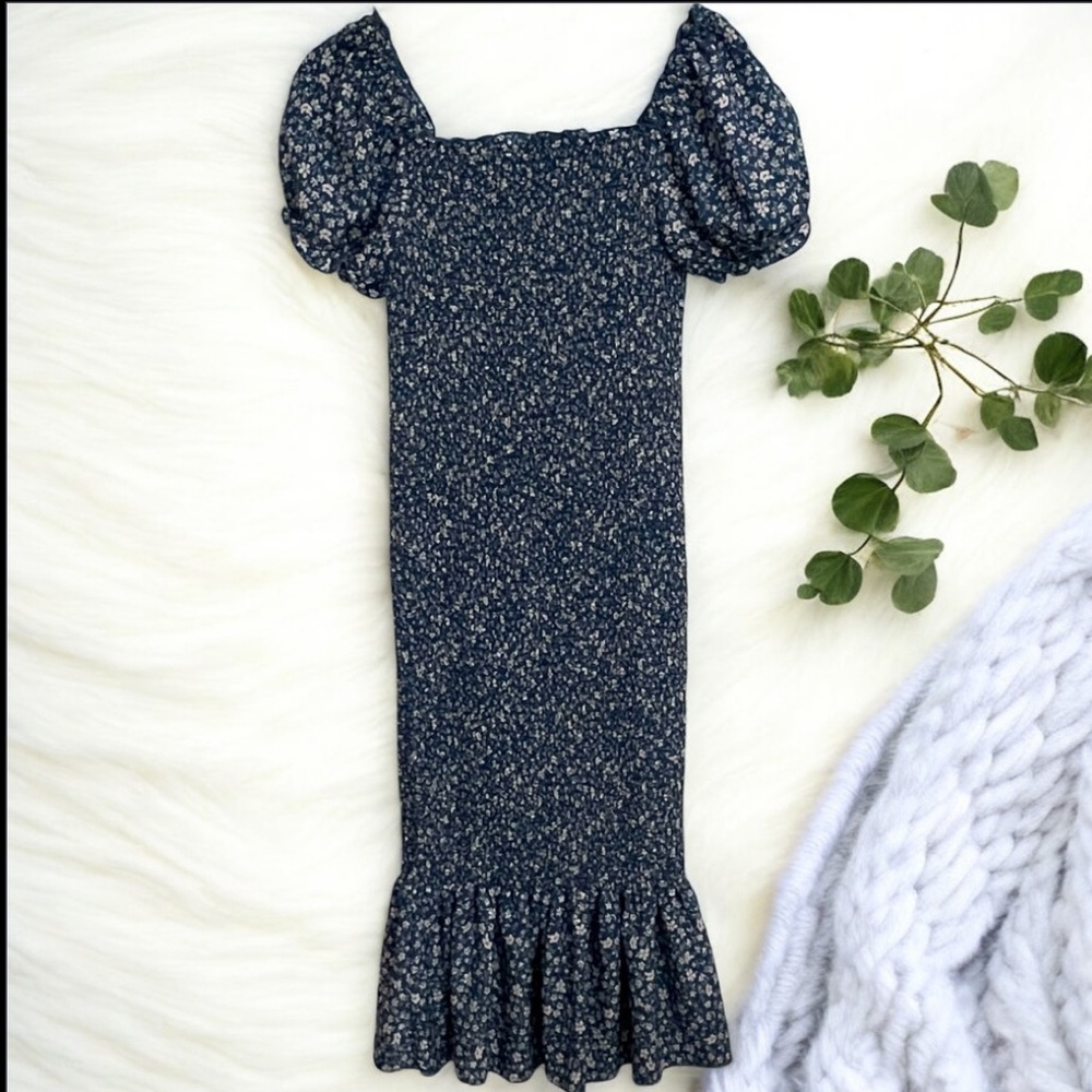 Elegant Floral Midi Dress with Puff Sleeves - Navy